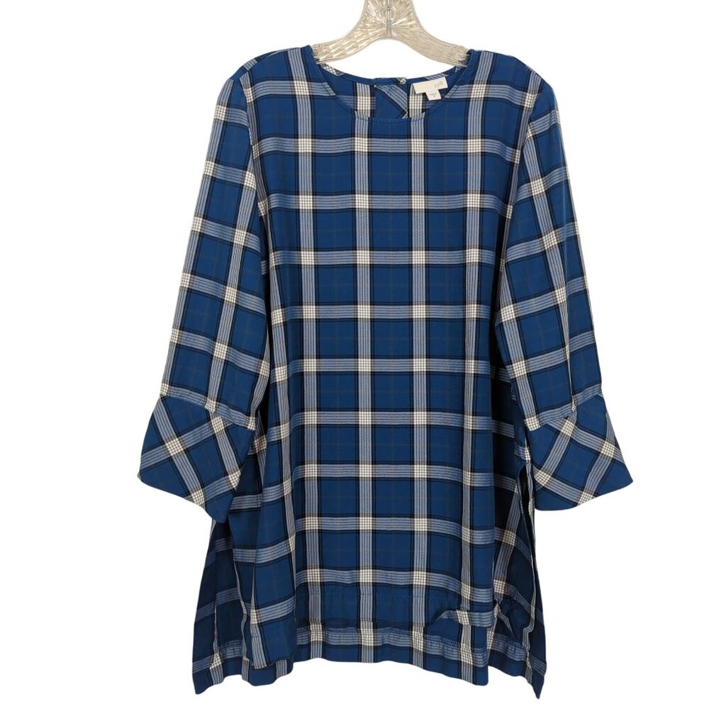 J. Jill‎ Atlantic Plaid Tunic Top High Low blue white gray 3/4" sleeves size M